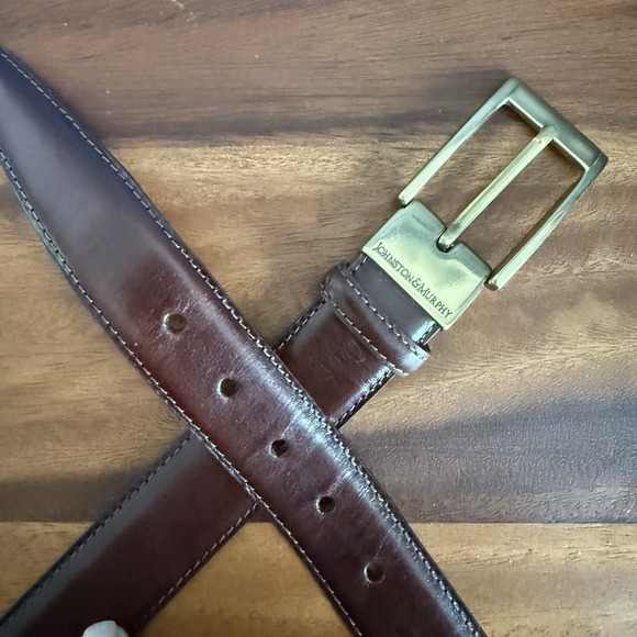 Johnson And Murphy Brown Leather Belt Made USA Men's Size 38 Solid Brass Buckle - Picture 3 of 7